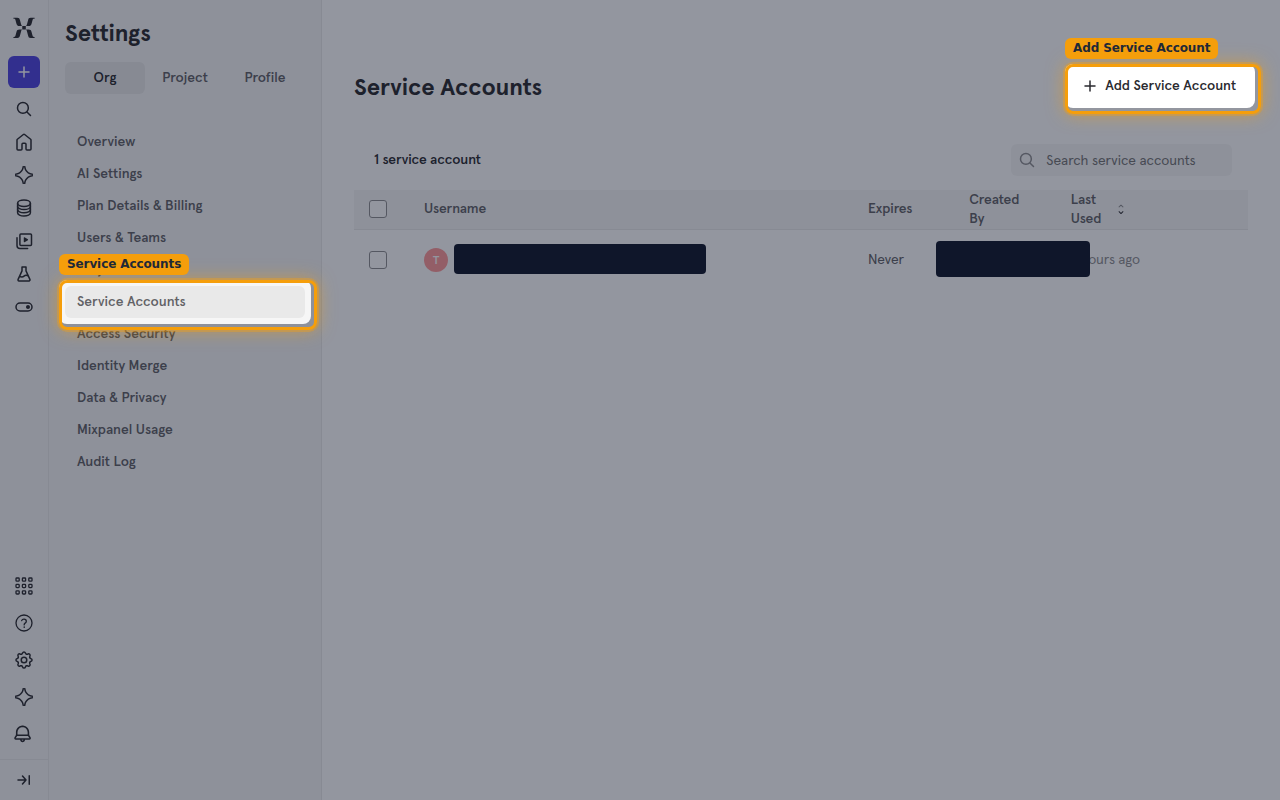 The Service Accounts page under the Org settings tab with the Add Service Account button