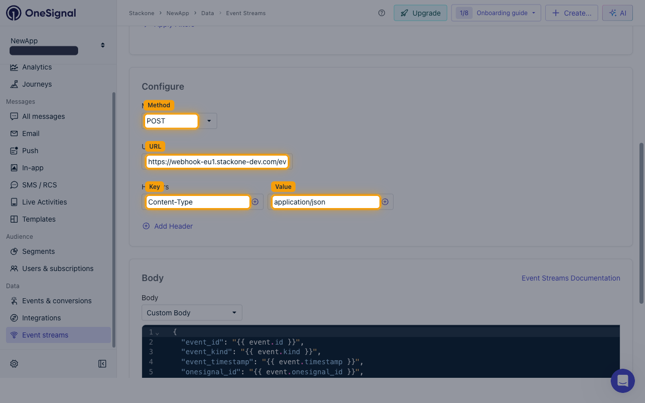 The Configure section with Method set to POST, the URL field, and the Headers row holding Content-Type and application/json, all highlighted.