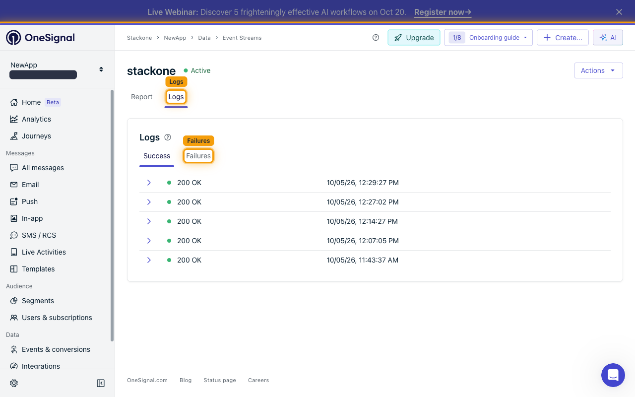 The Logs tab with the Success and Failures sub-tabs and a list of deliveries returning 200 OK, with the Logs tab and Failures filter highlighted.