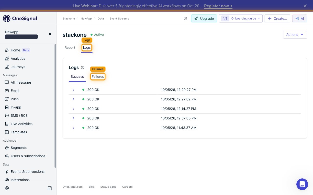 The Logs tab with the Success and Failures sub-tabs and a list of deliveries returning 200 OK, with the Logs tab and Failures filter highlighted.