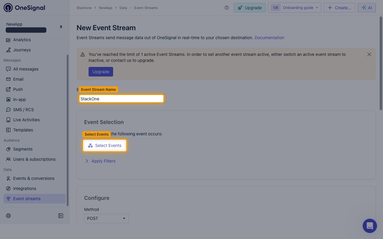 The New Event Stream page with the Event Stream Name field filled in and the Select Events button highlighted.