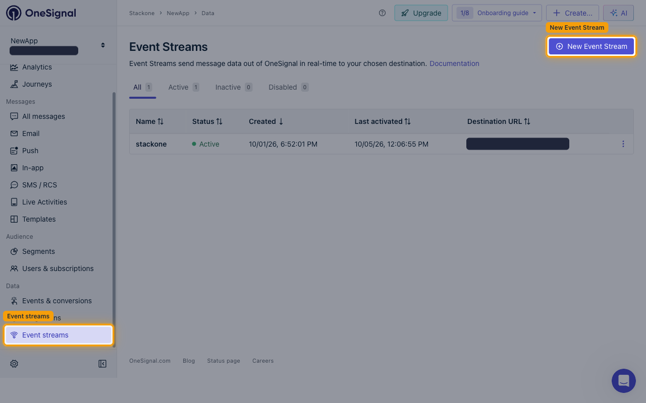 The OneSignal Event Streams page with the Event streams sidebar entry and the New Event Stream button highlighted.