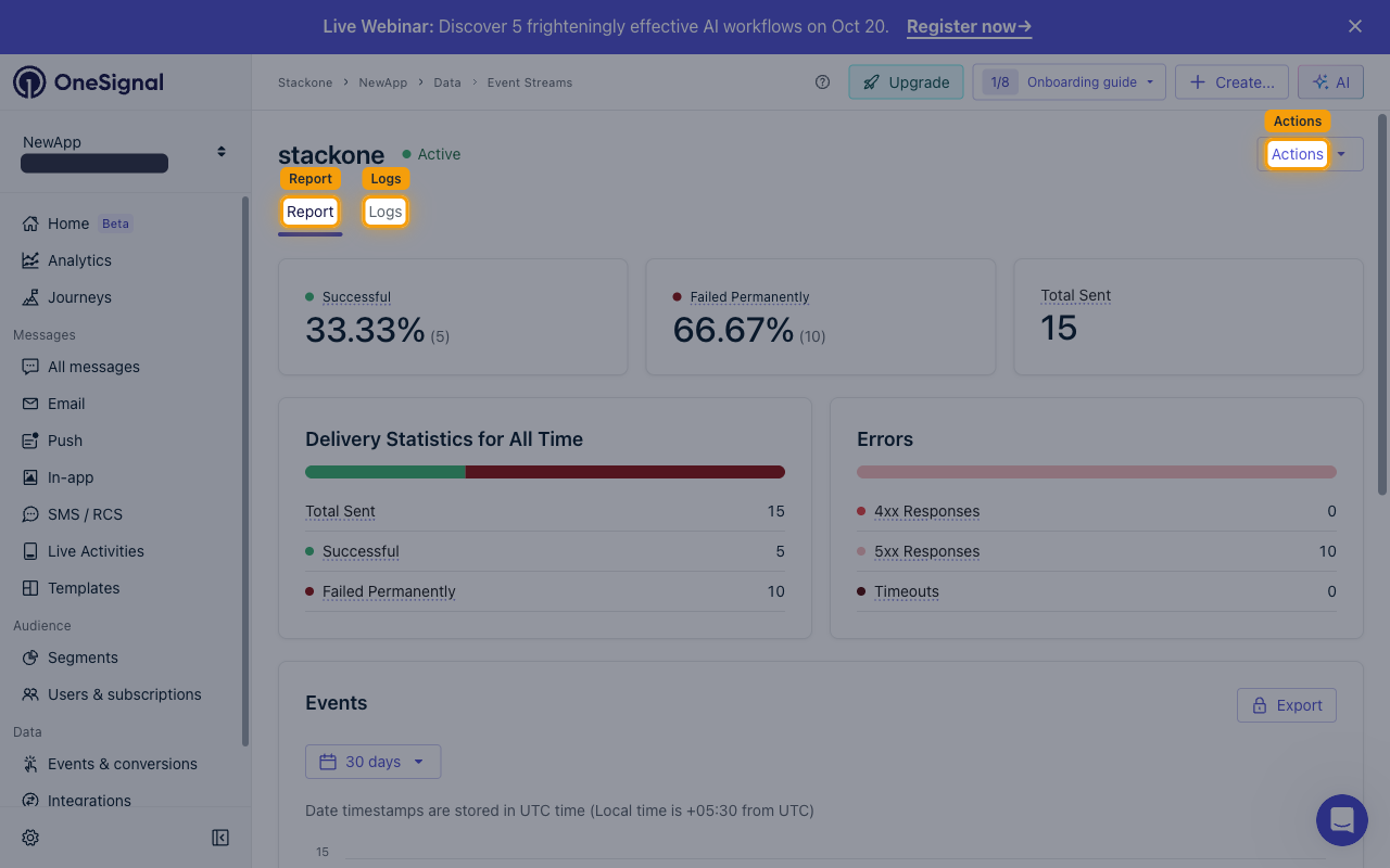 The Report tab showing Successful, Failed Permanently and Total Sent figures with the Errors panel, and the Report, Logs and Actions controls highlighted.