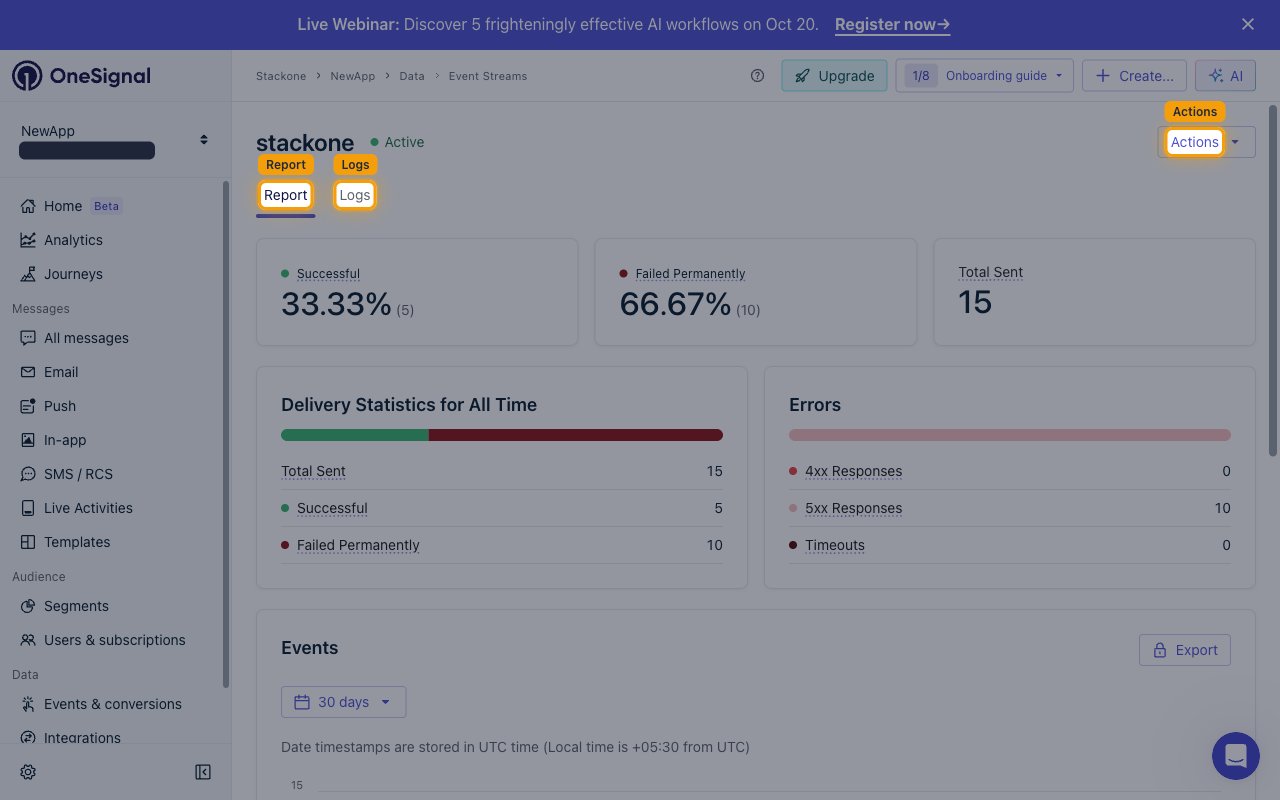 The Report tab showing Successful, Failed Permanently and Total Sent figures with the Errors panel, and the Report, Logs and Actions controls highlighted.