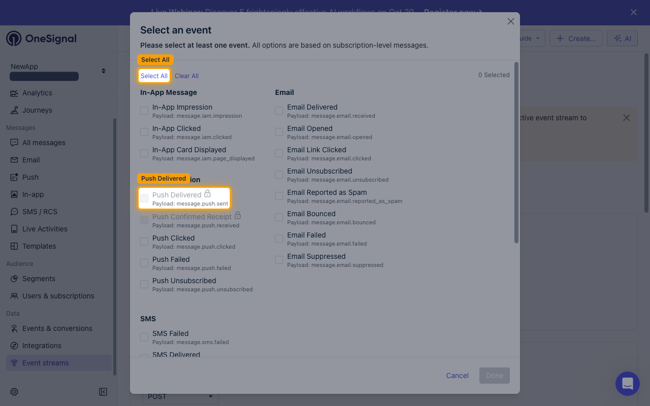 The Select an event dialog with events grouped by channel, the Select All control and the Push Delivered option highlighted, and plan-locked events greyed out behind padlocks.