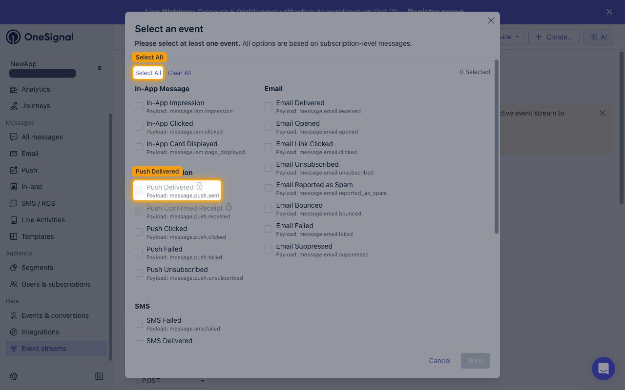The Select an event dialog with events grouped by channel, the Select All control and the Push Delivered option highlighted, and plan-locked events greyed out behind padlocks.