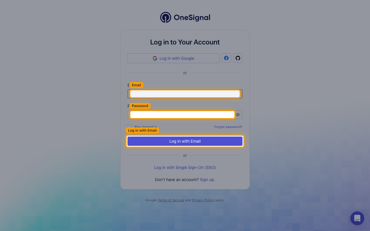 The OneSignal Log in to Your Account screen with the Email and Password fields and the Log in with Email button highlighted.