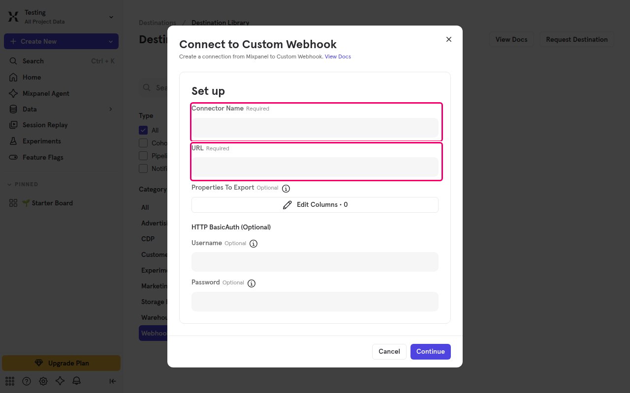 The Connect to Custom Webhook dialog with the Connector Name and URL fields highlighted
