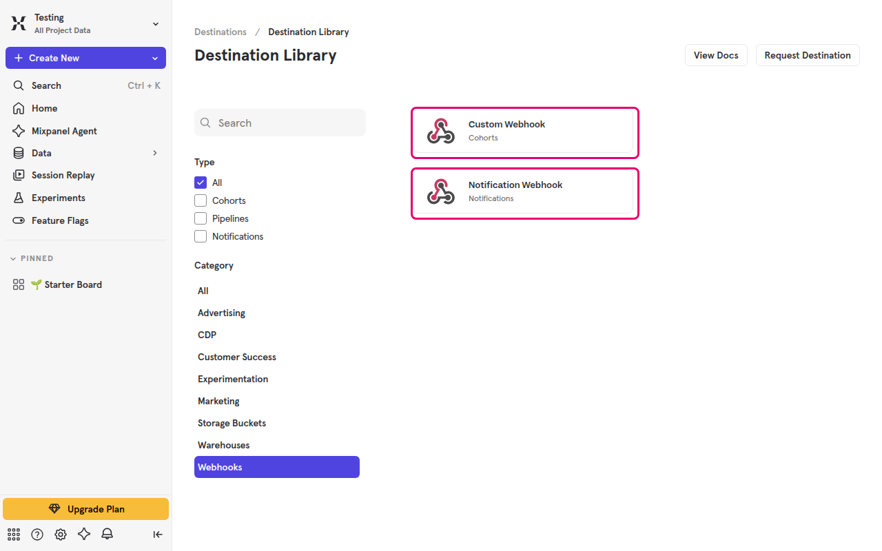 The Destination Library filtered to Webhooks, showing the Custom Webhook and Notification Webhook cards