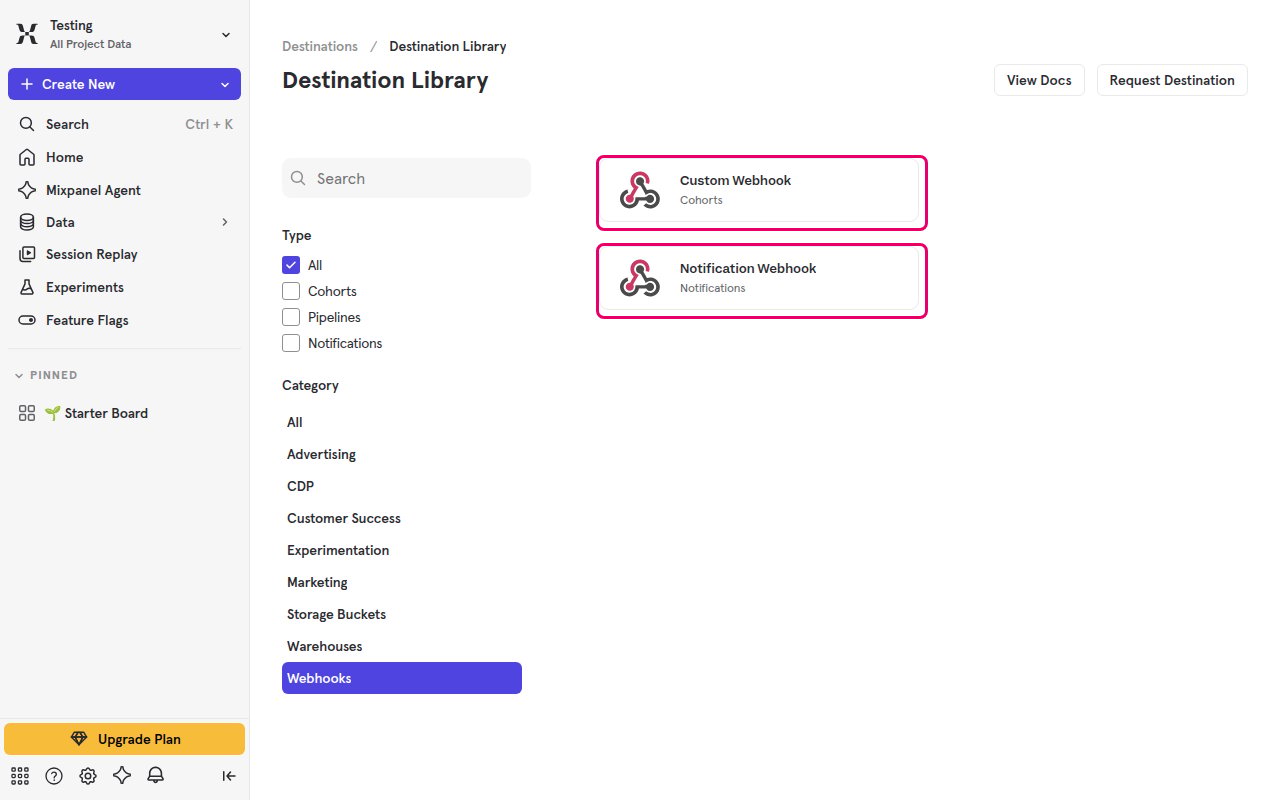 The Destination Library filtered to Webhooks, showing the Custom Webhook and Notification Webhook cards