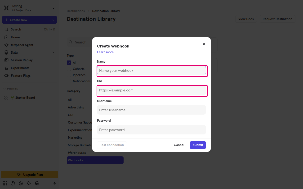 The Create Webhook dialog with the Name and URL fields highlighted
