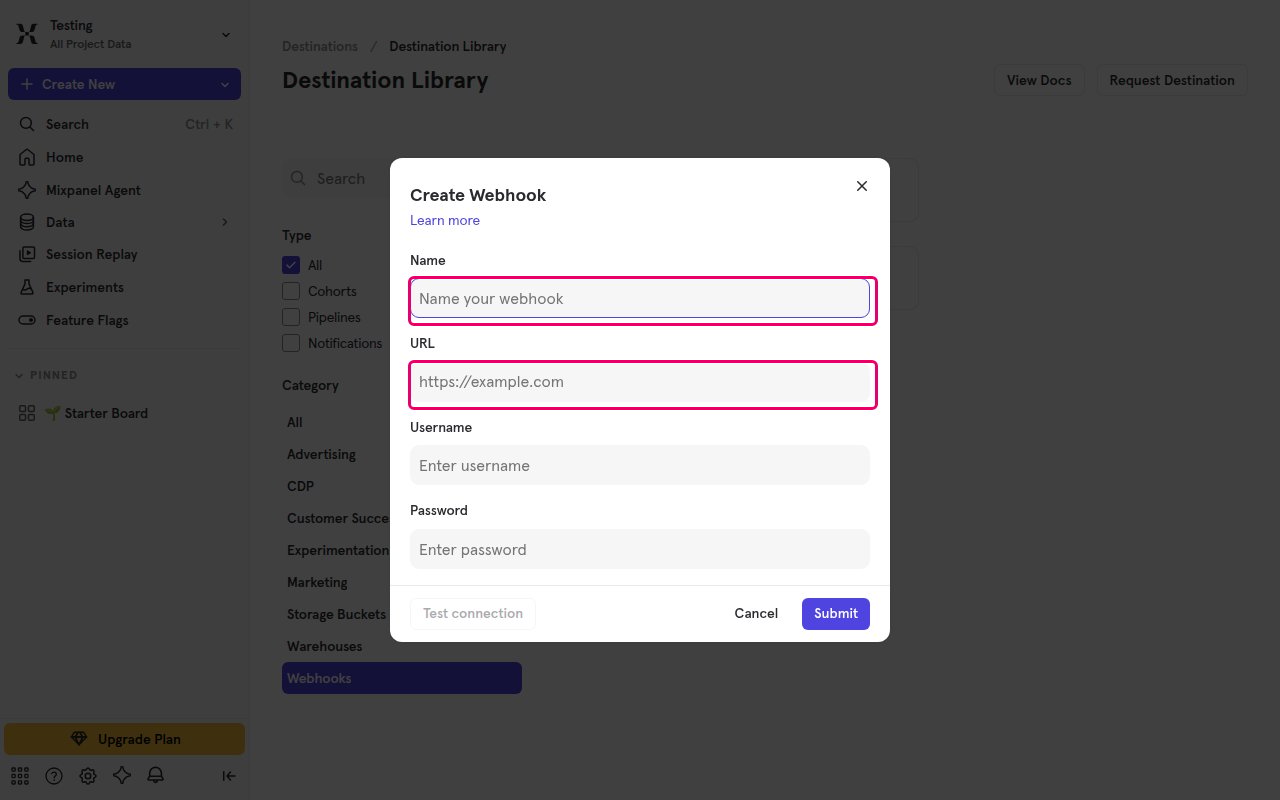 The Create Webhook dialog with the Name and URL fields highlighted