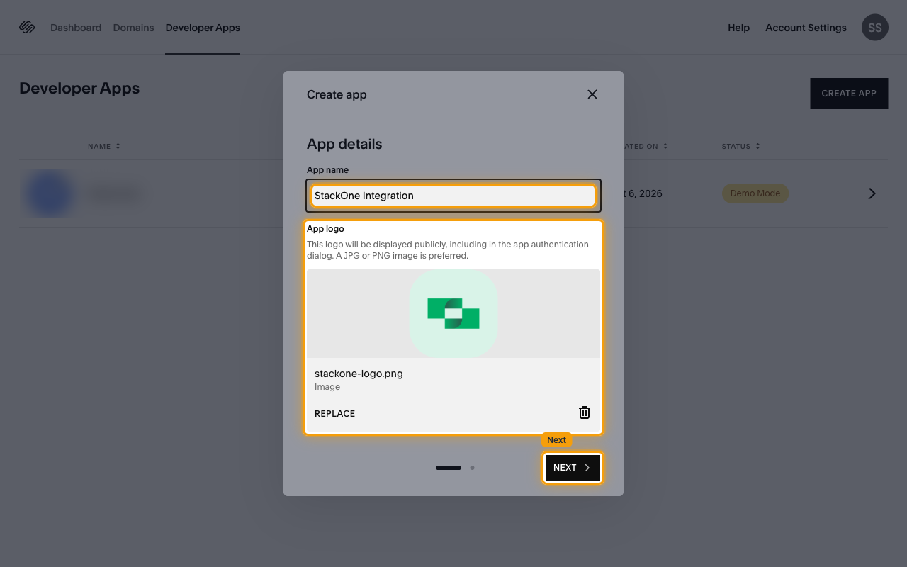 Create app dialog with the App name field, App logo upload, and Next button highlighted