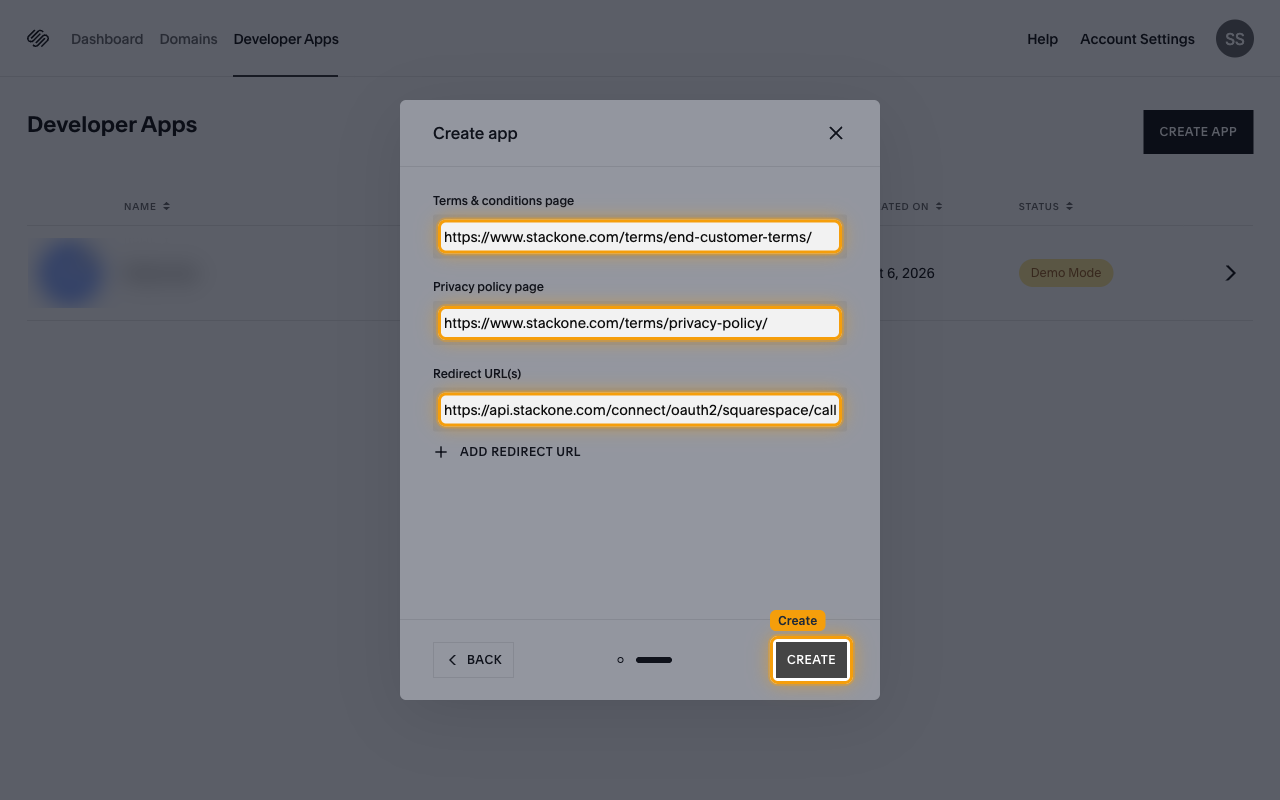 Create app dialog with the Terms and conditions page, Privacy policy page, and Redirect URL fields and the Create button highlighted