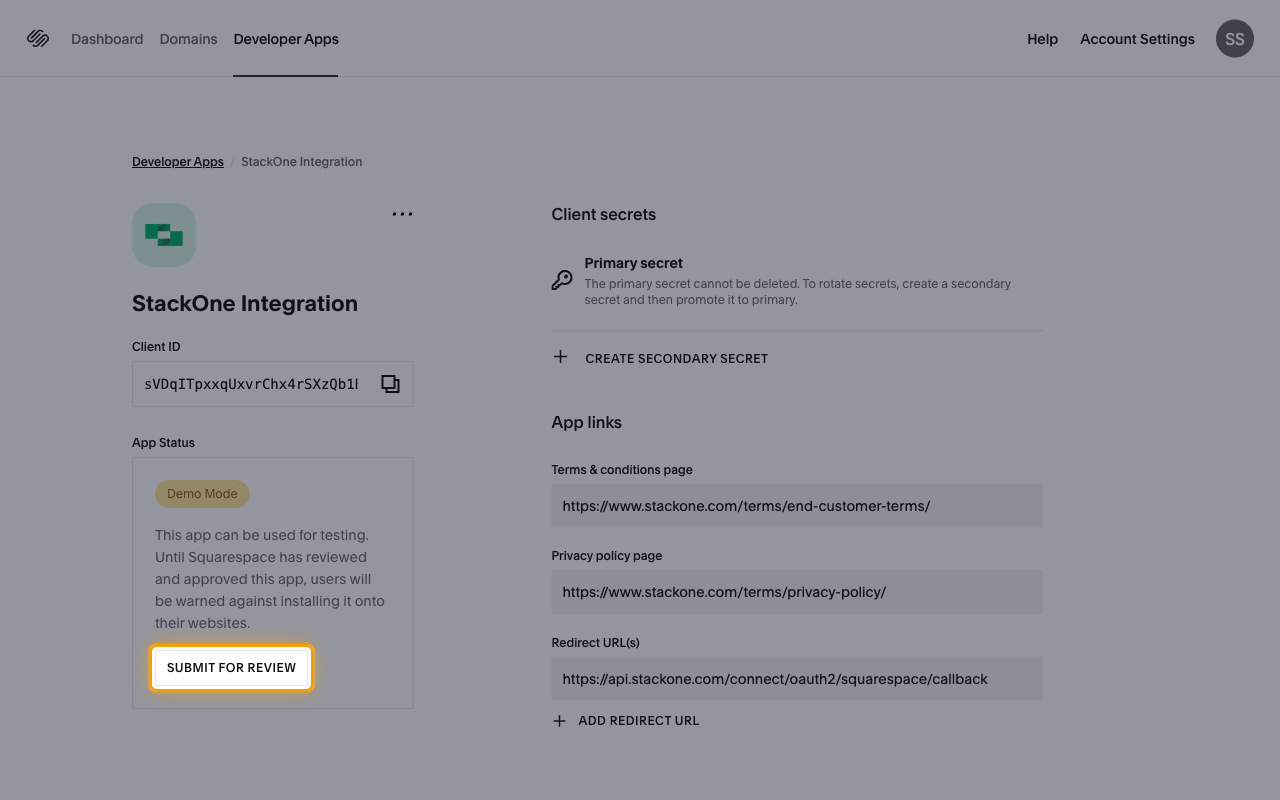 StackOne Integration app page showing Demo Mode under App Status with the SUBMIT FOR REVIEW button highlighted