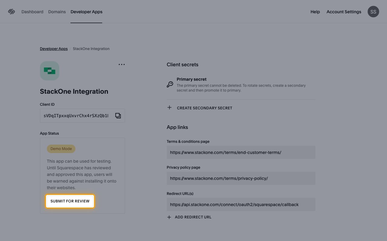 StackOne Integration app page showing Demo Mode under App Status with the SUBMIT FOR REVIEW button highlighted