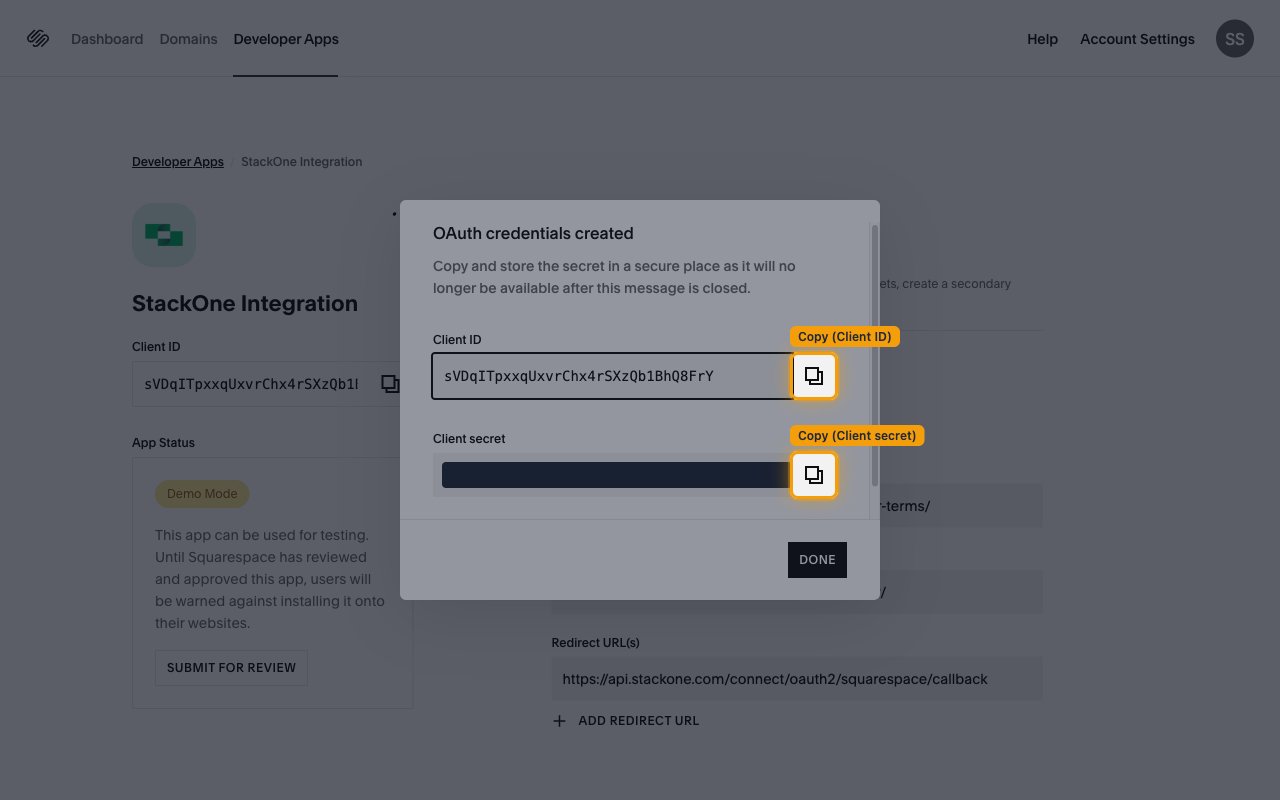 OAuth credentials created dialog with the Client secret masked and both Copy buttons highlighted