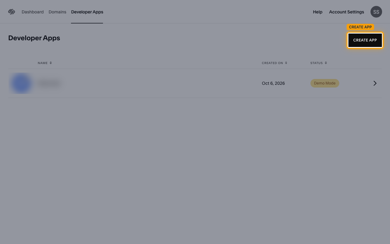 Developer Apps page with the CREATE APP button highlighted