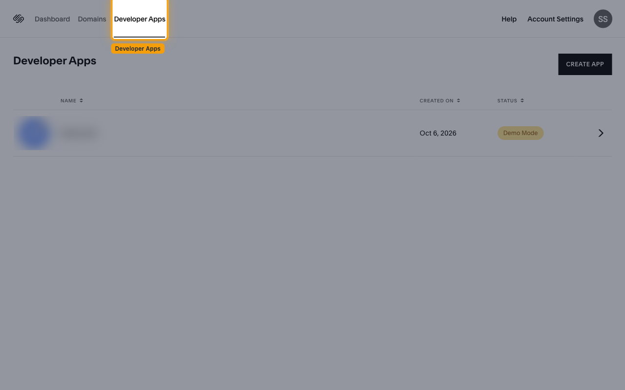 Squarespace Account Dashboard with the Developer Apps tab highlighted