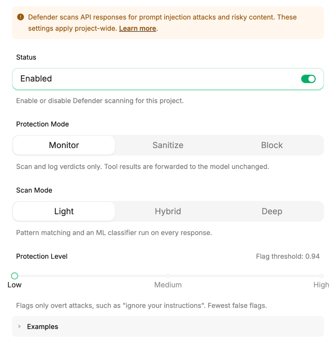 Defender settings in the StackOne dashboard with Light scan mode selected, showing Status, Protection Mode, Scan Mode, and the Protection Level slider set to Low