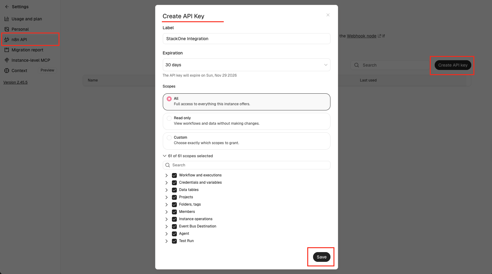 Create API Key dialog with the Scopes options, the Event Bus Destination group and the Save button