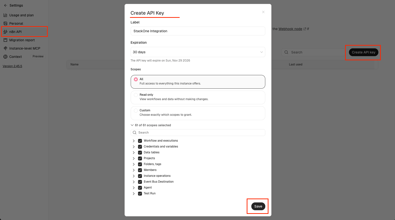 Create API Key dialog with the Scopes options, the Event Bus Destination group and the Save button