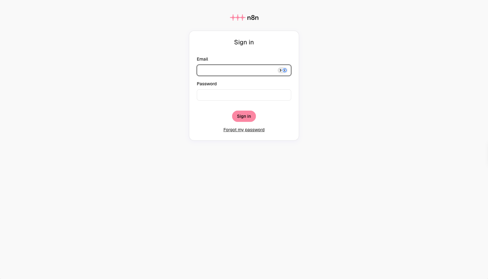n8n sign-in page with the Email and Password fields