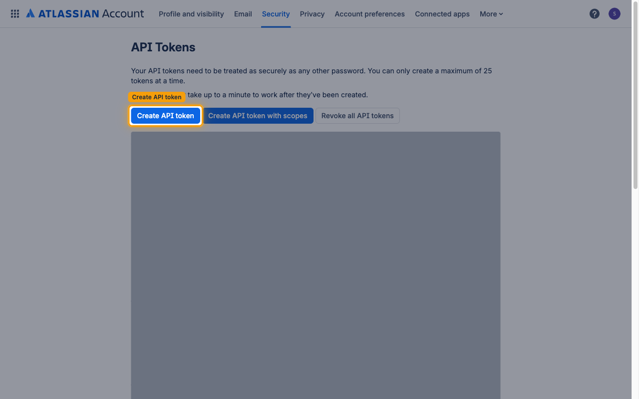 Atlassian account API Tokens page with the Create API token button highlighted