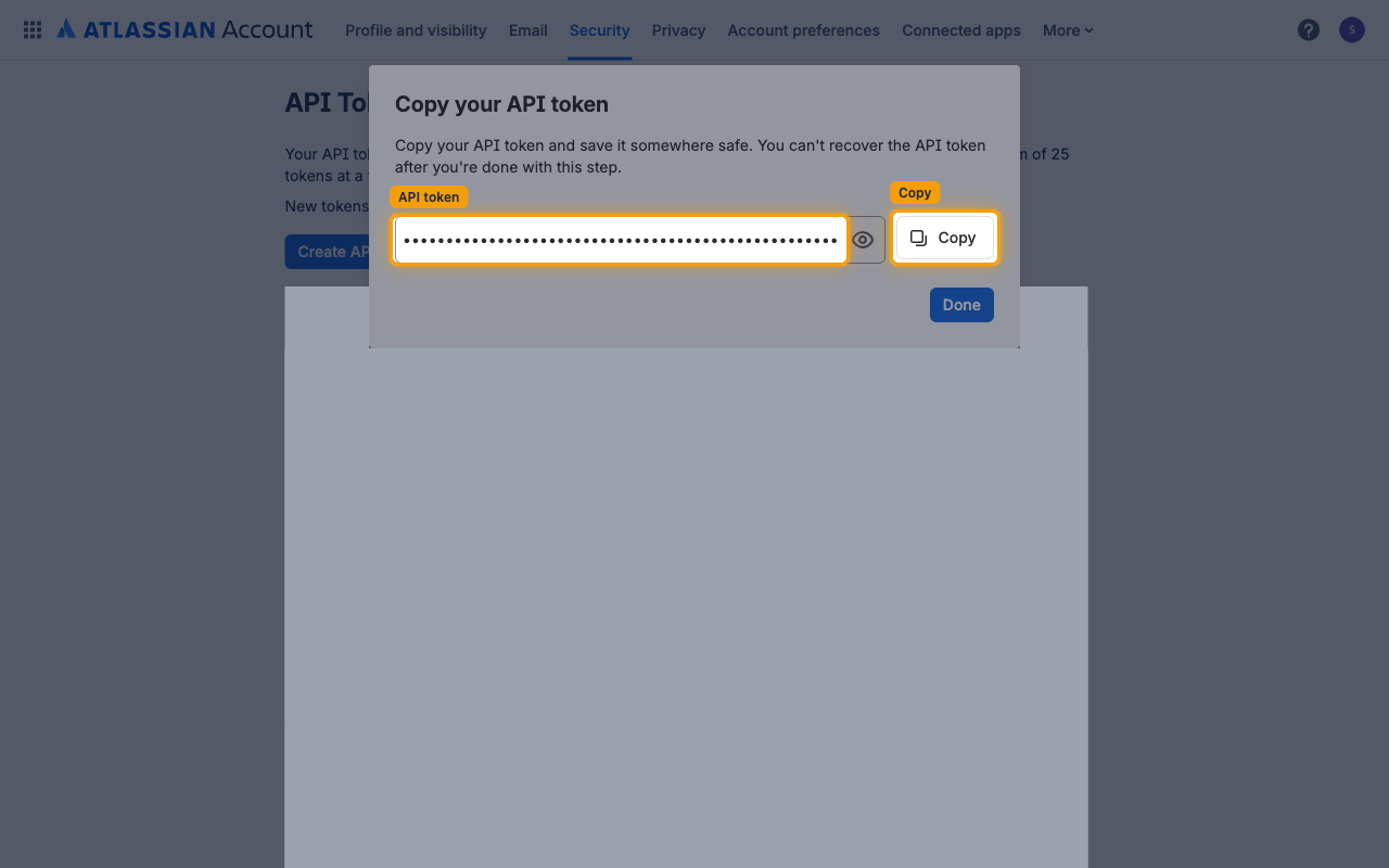 Copy your API token dialog with the masked API token field and Copy button highlighted