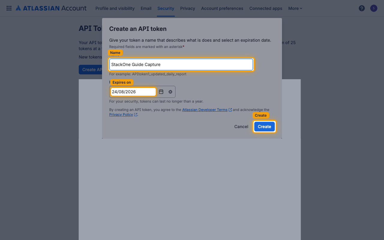 Create an API token dialog with the Name field, Expires on date and Create button highlighted