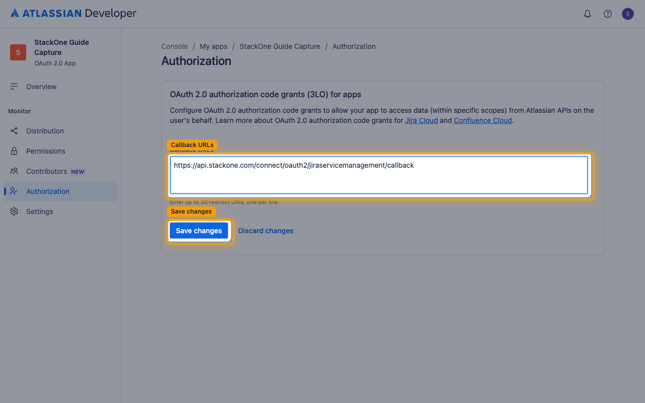 OAuth 2.0 (3LO) configuration with the Callback URLs field and Save changes button highlighted