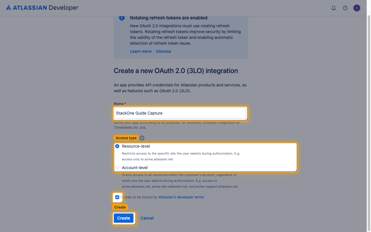 Create a new OAuth 2.0 (3LO) integration form with Name, Access type, terms checkbox and Create button highlighted