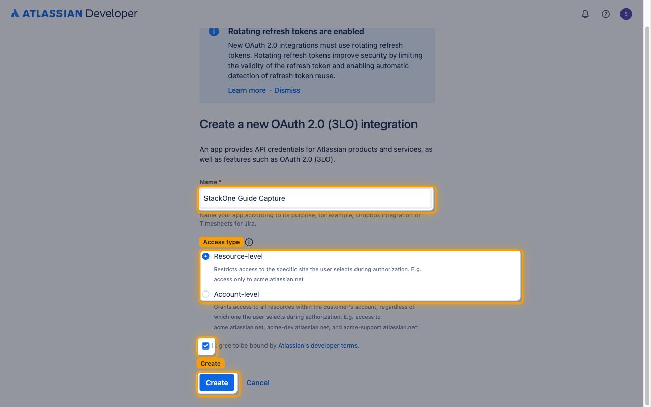 Create a new OAuth 2.0 (3LO) integration form with Name, Access type, terms checkbox and Create button highlighted