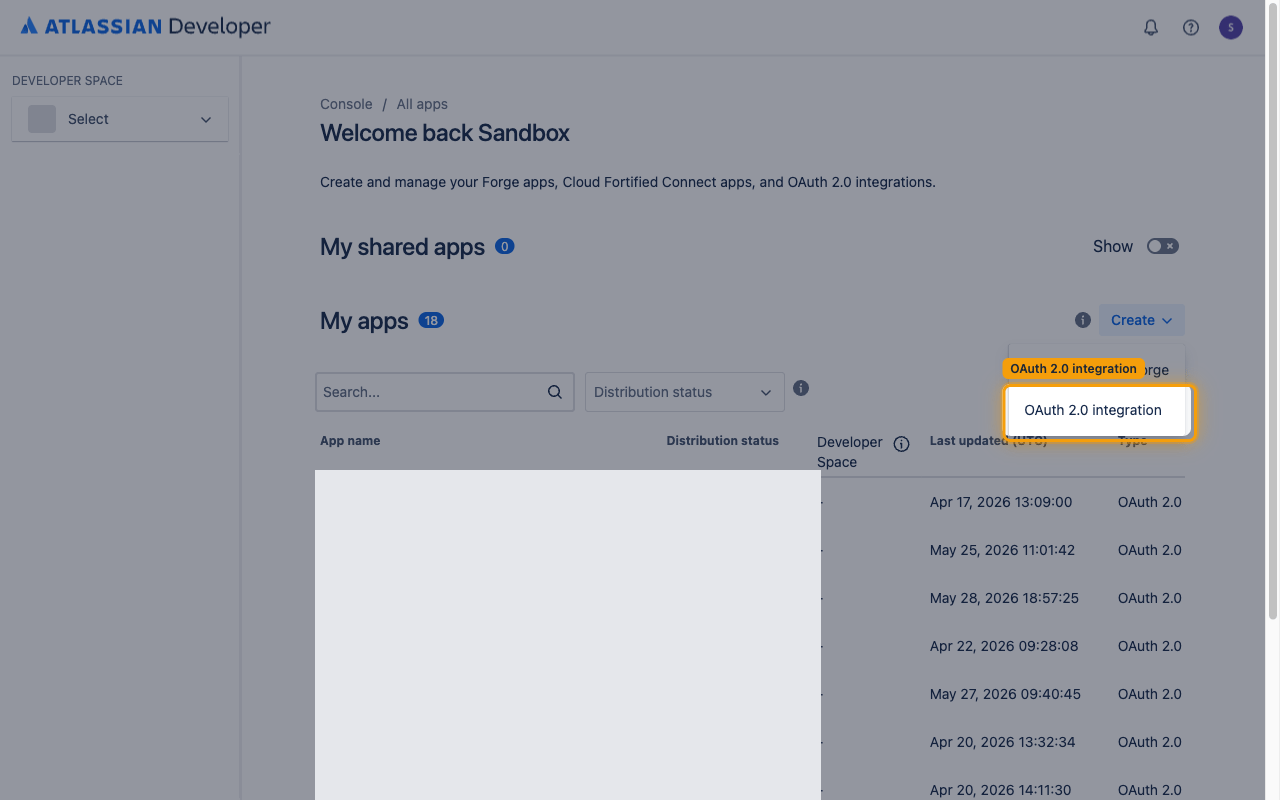 Developer console My apps page with the Create menu open and OAuth 2.0 integration highlighted