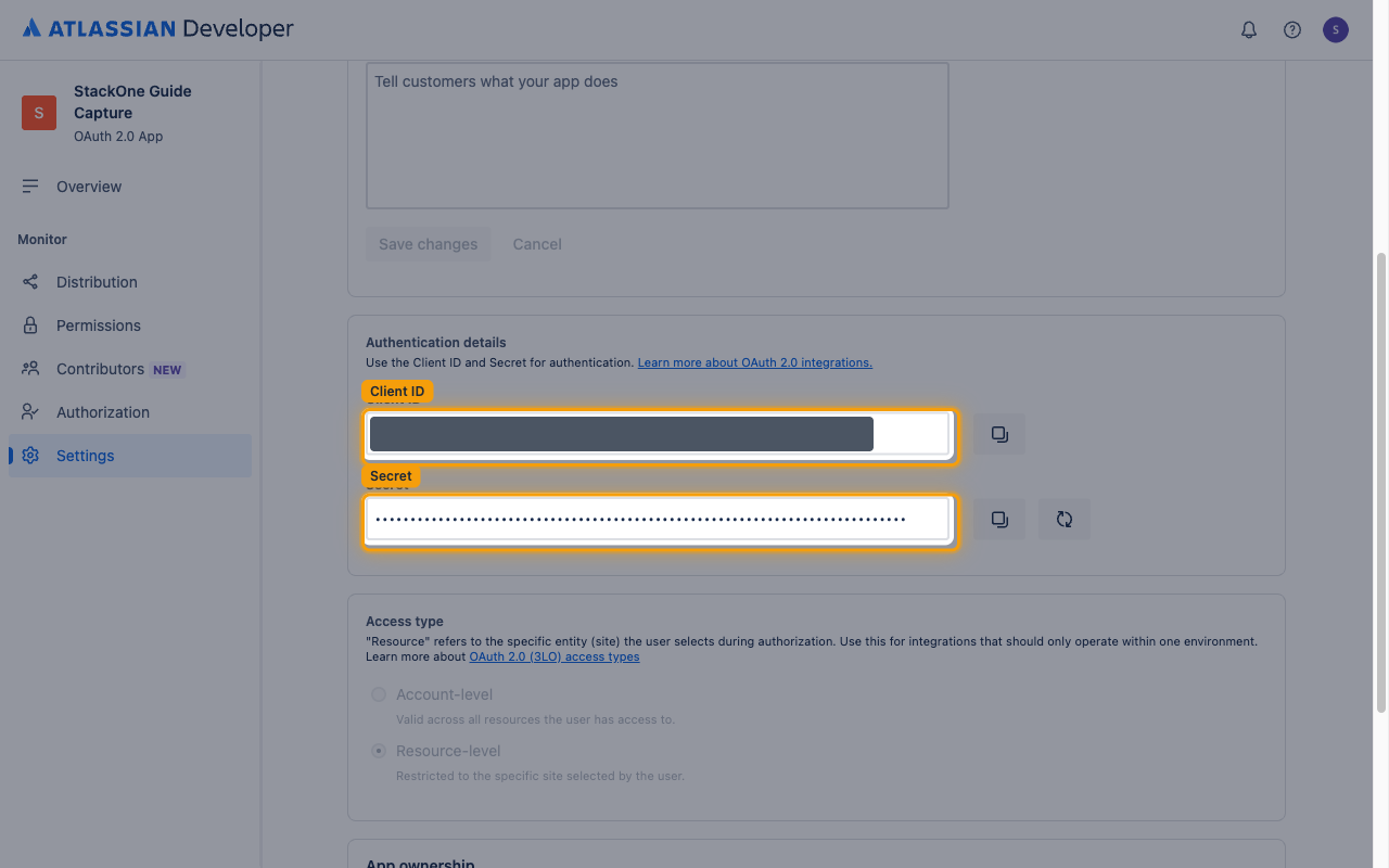 Settings page Authentication details section with the Client ID and Secret fields highlighted and their values hidden