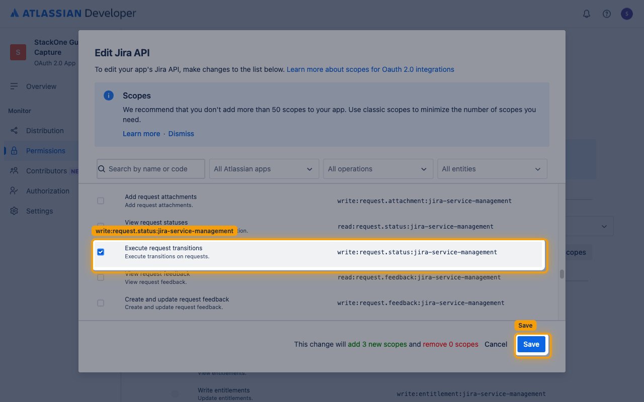 Edit Jira API granular scopes dialog with the Execute request transitions scope checked and the Save button highlighted
