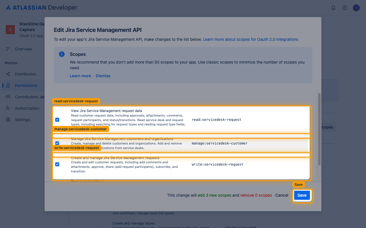 Edit Jira Service Management API dialog with the three servicedesk scopes checked and the Save button highlighted