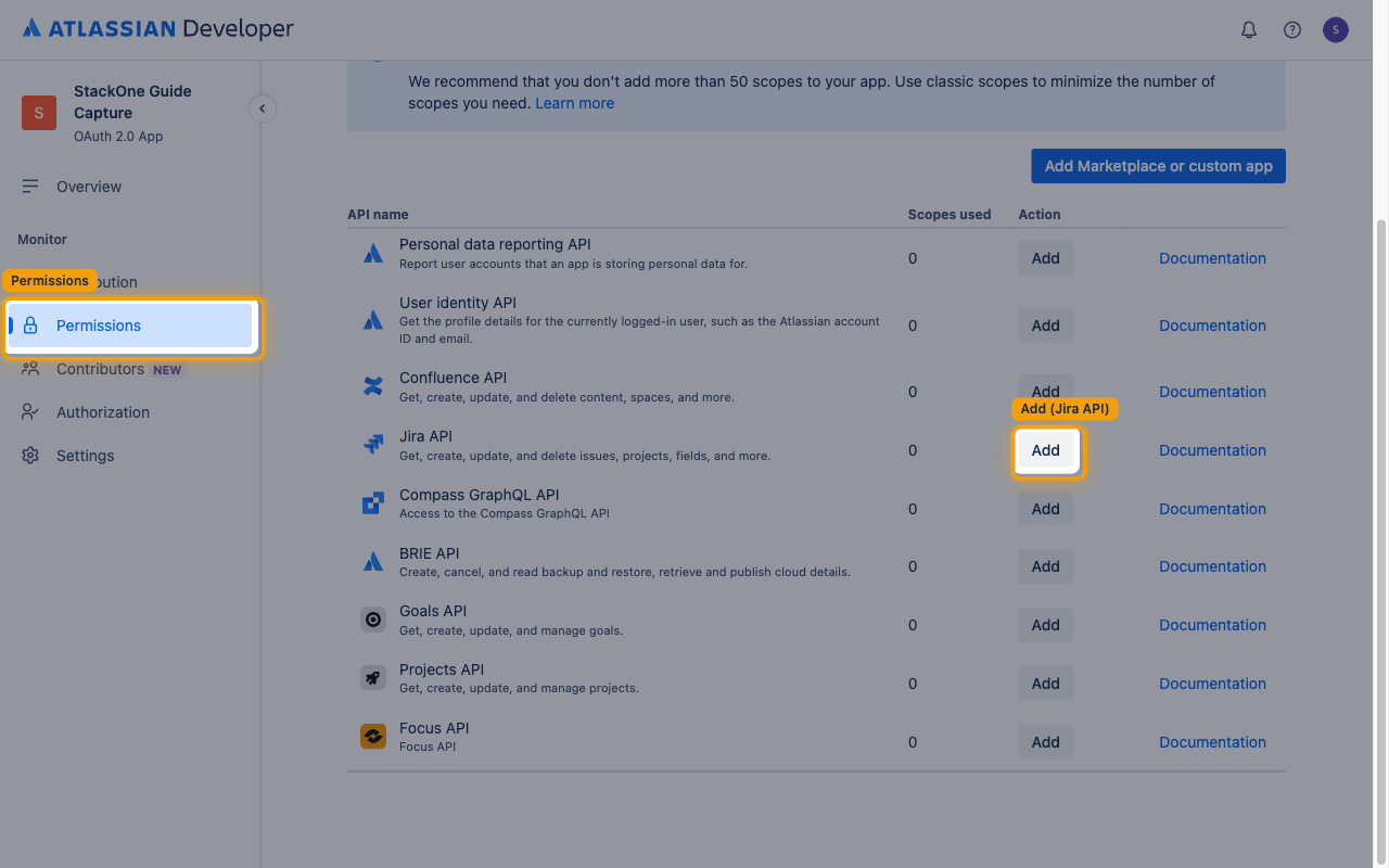 Permissions page with the Permissions sidebar item and the Add button next to Jira API highlighted