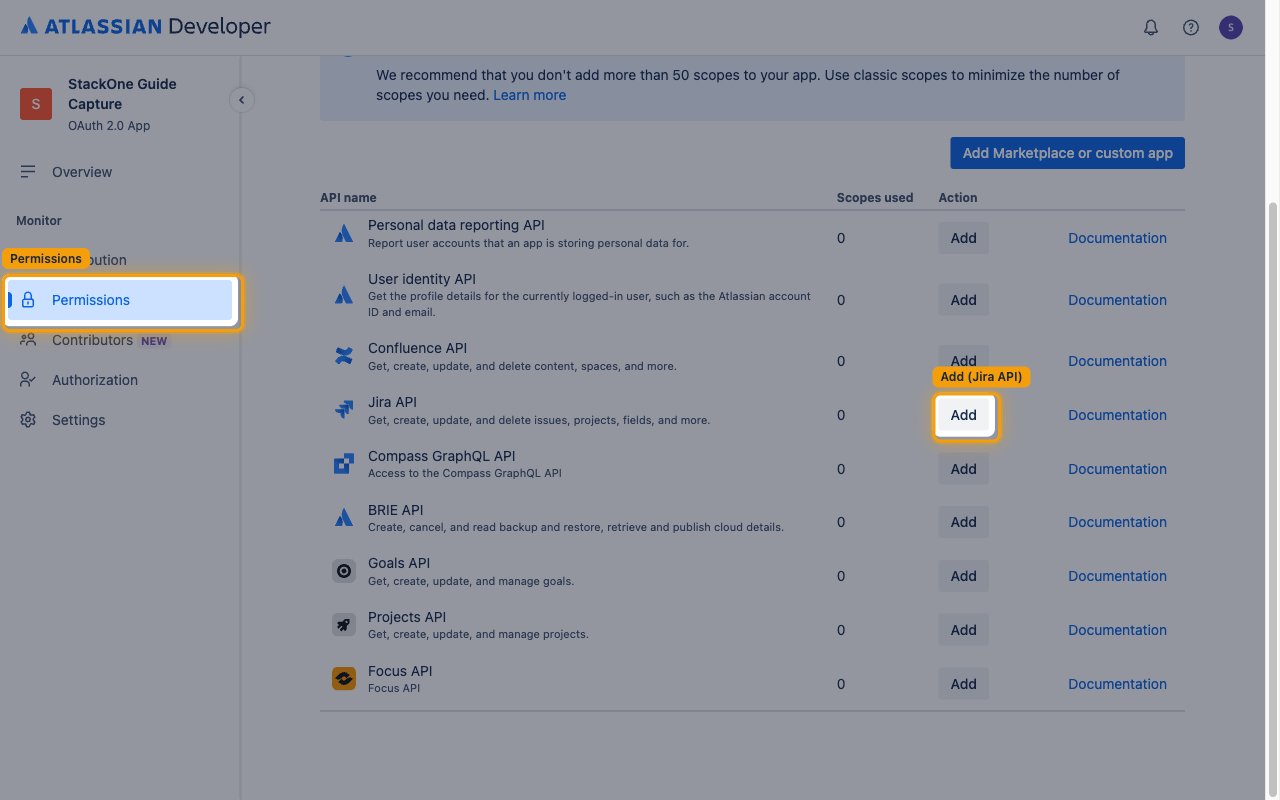 Permissions page with the Permissions sidebar item and the Add button next to Jira API highlighted