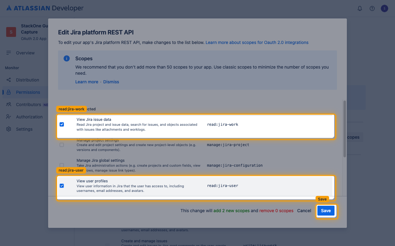 Edit Jira platform REST API dialog with the read:jira-work and read:jira-user scopes checked and the Save button highlighted