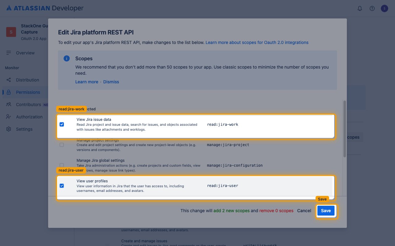Edit Jira platform REST API dialog with the read:jira-work and read:jira-user scopes checked and the Save button highlighted