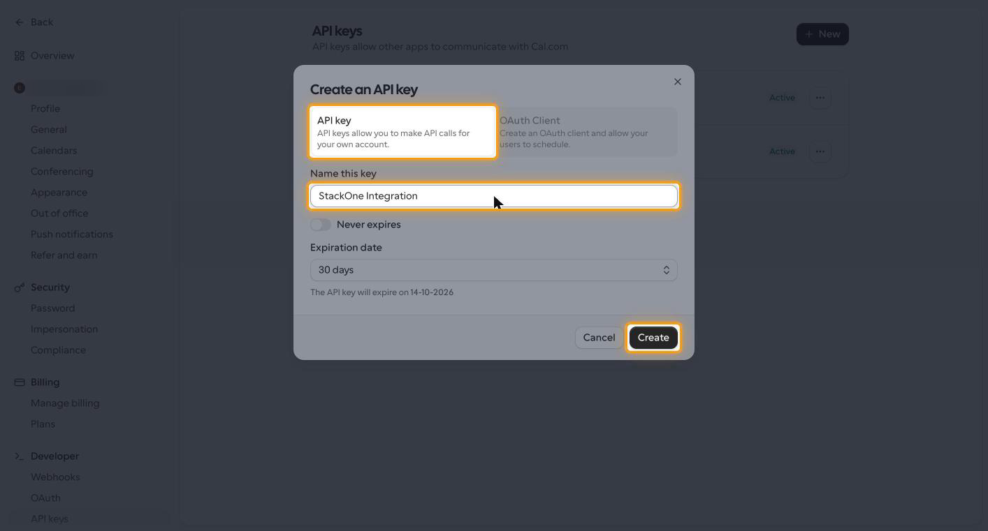 The Create an API key dialog with the API key option, the Name this key field, and the Create button highlighted