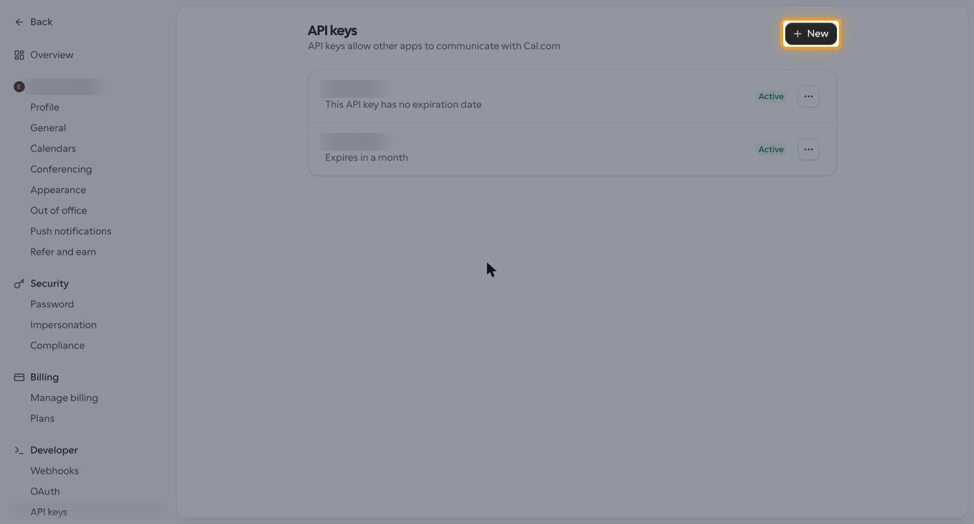 The Cal.com API keys page with the New button highlighted in the upper right corner
