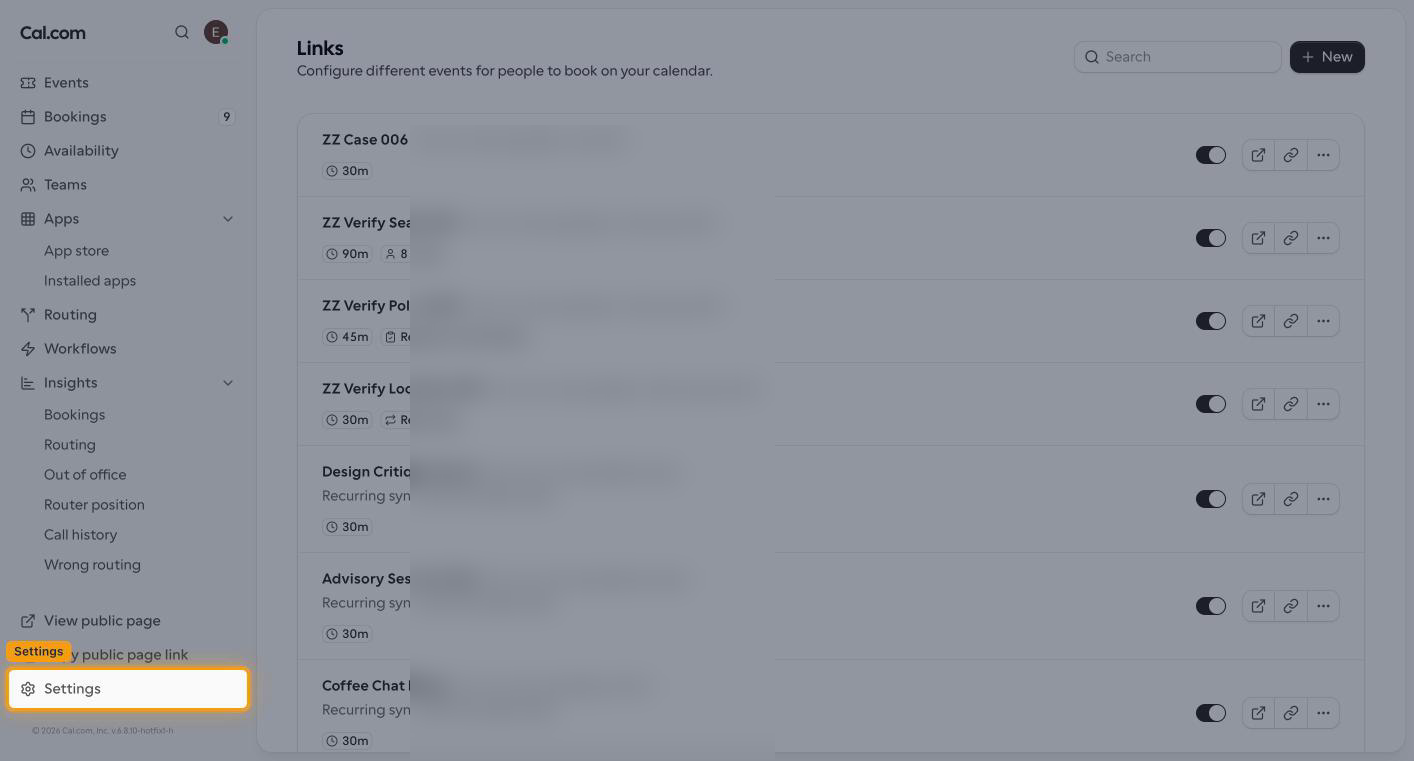 The Cal.com left sidebar with the Settings link highlighted at the bottom