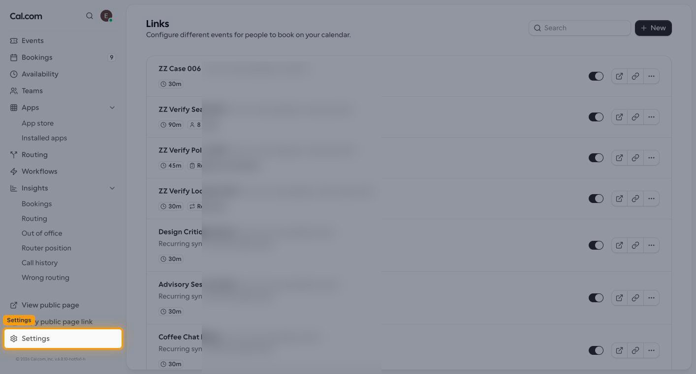 The Cal.com left sidebar with the Settings link highlighted at the bottom