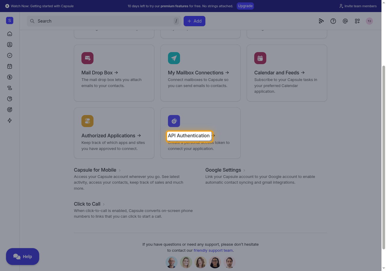 The My Preferences page with the API Authentication card highlighted