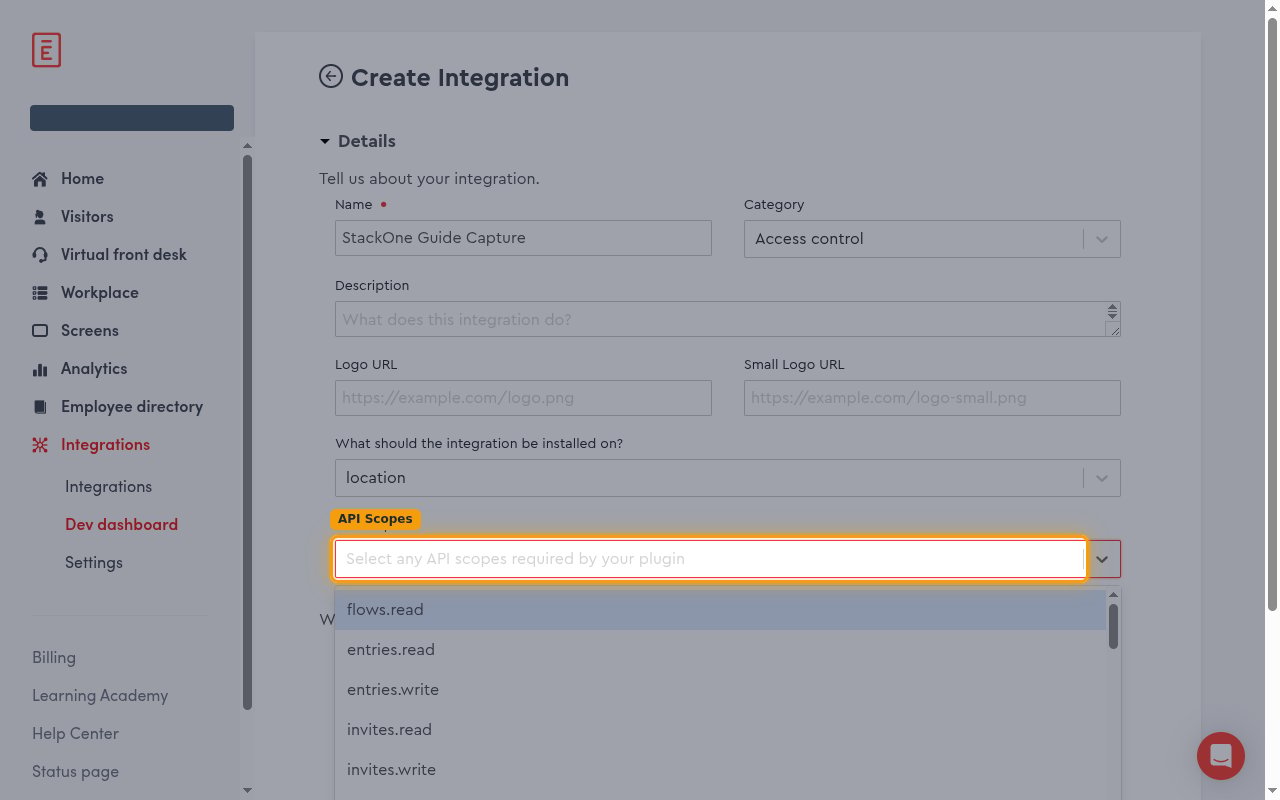 API Scopes dropdown open, showing selectable Envoy scopes