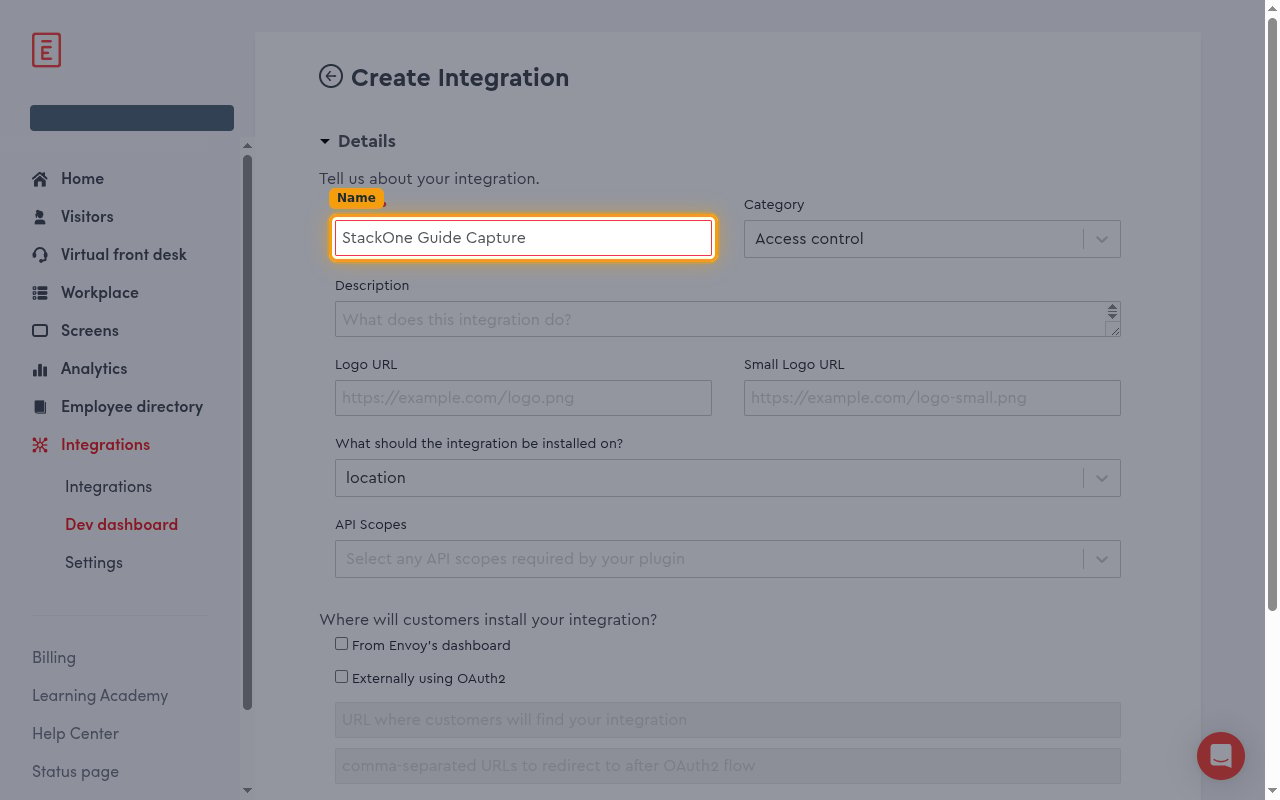 Create Integration form with the Name field filled in