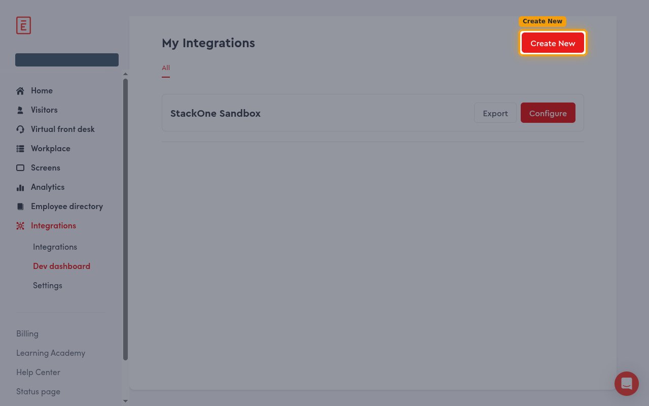 My Integrations page in the Dev Dashboard with the Create New button highlighted