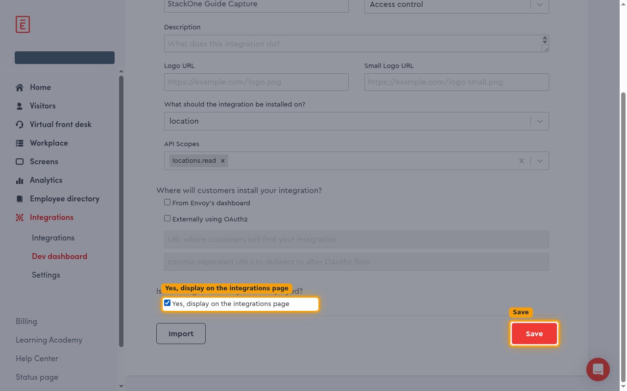 Bottom of the Create Integration form with the display checkbox and Save button highlighted